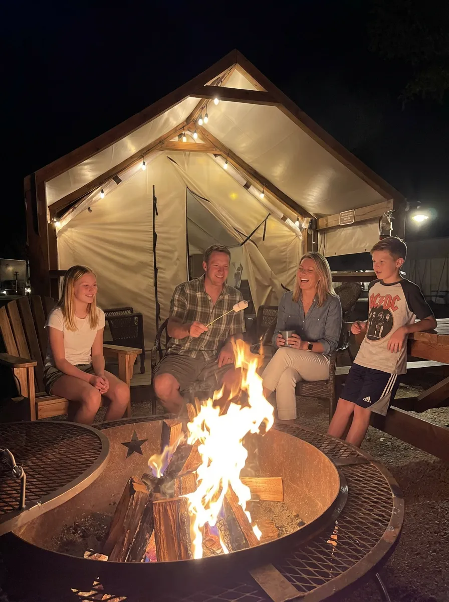 Family roasting marshmallows around a campfire at Son's Blue River Camp