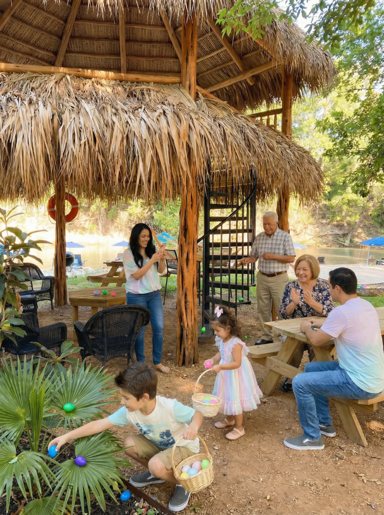 Family enjoying Easter weekend at Son's Blue River Camp riverside cabana