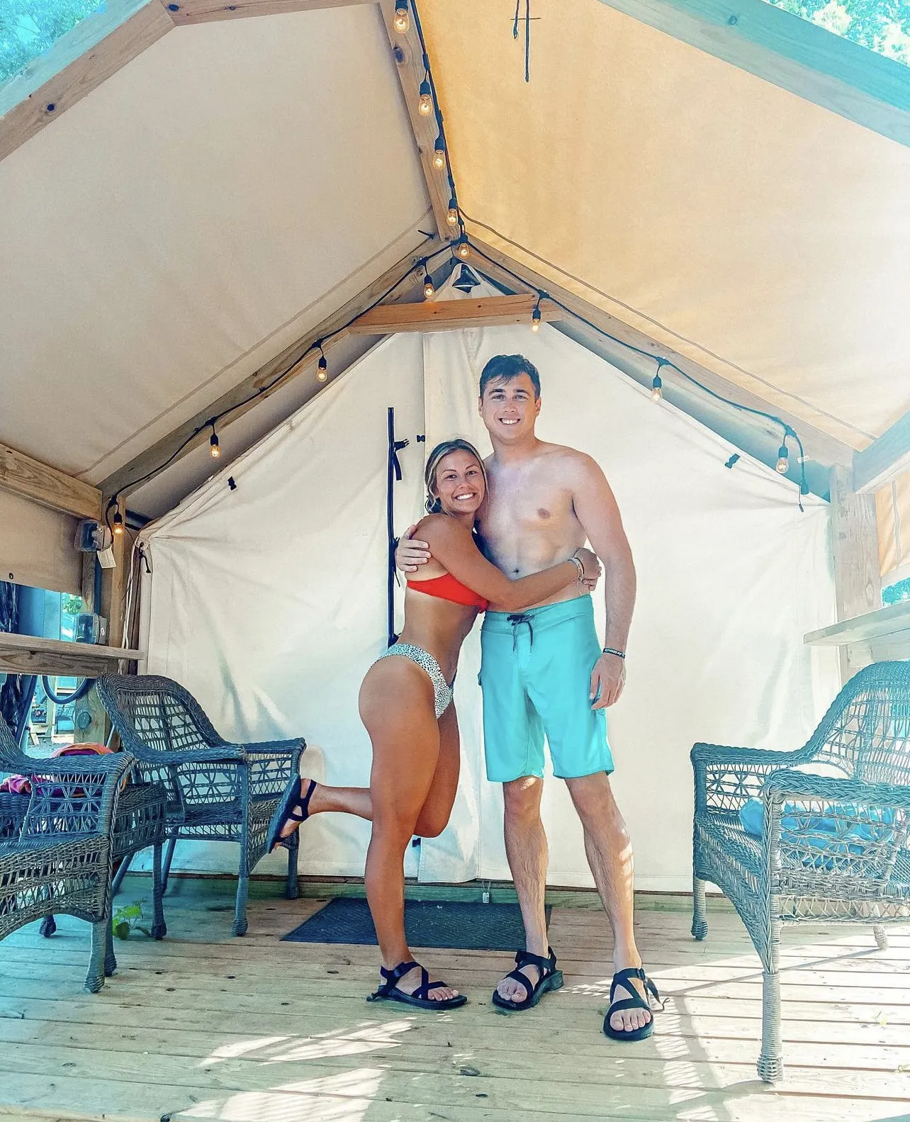 Couple at glamping cabin near Austin