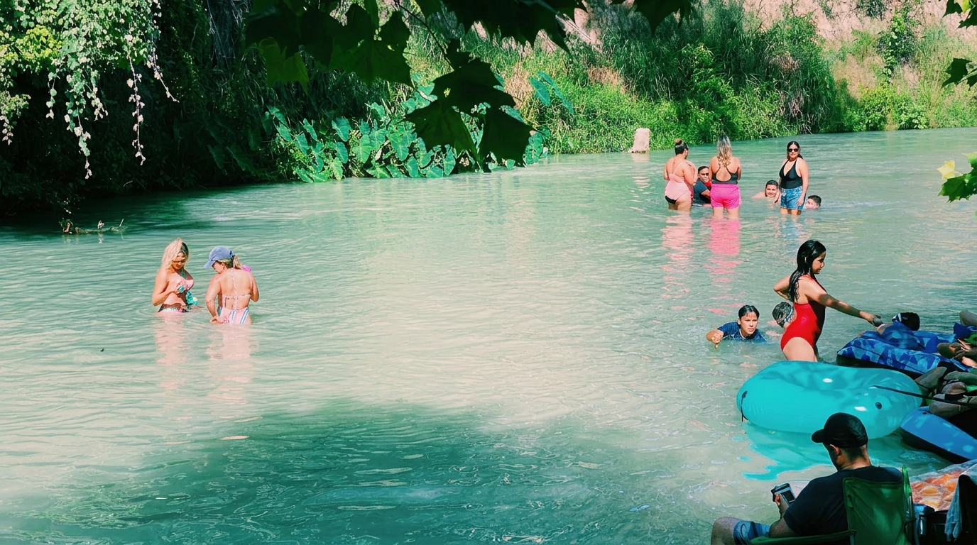 Families enjoying the San Marcos River at Son's Blue River Camp