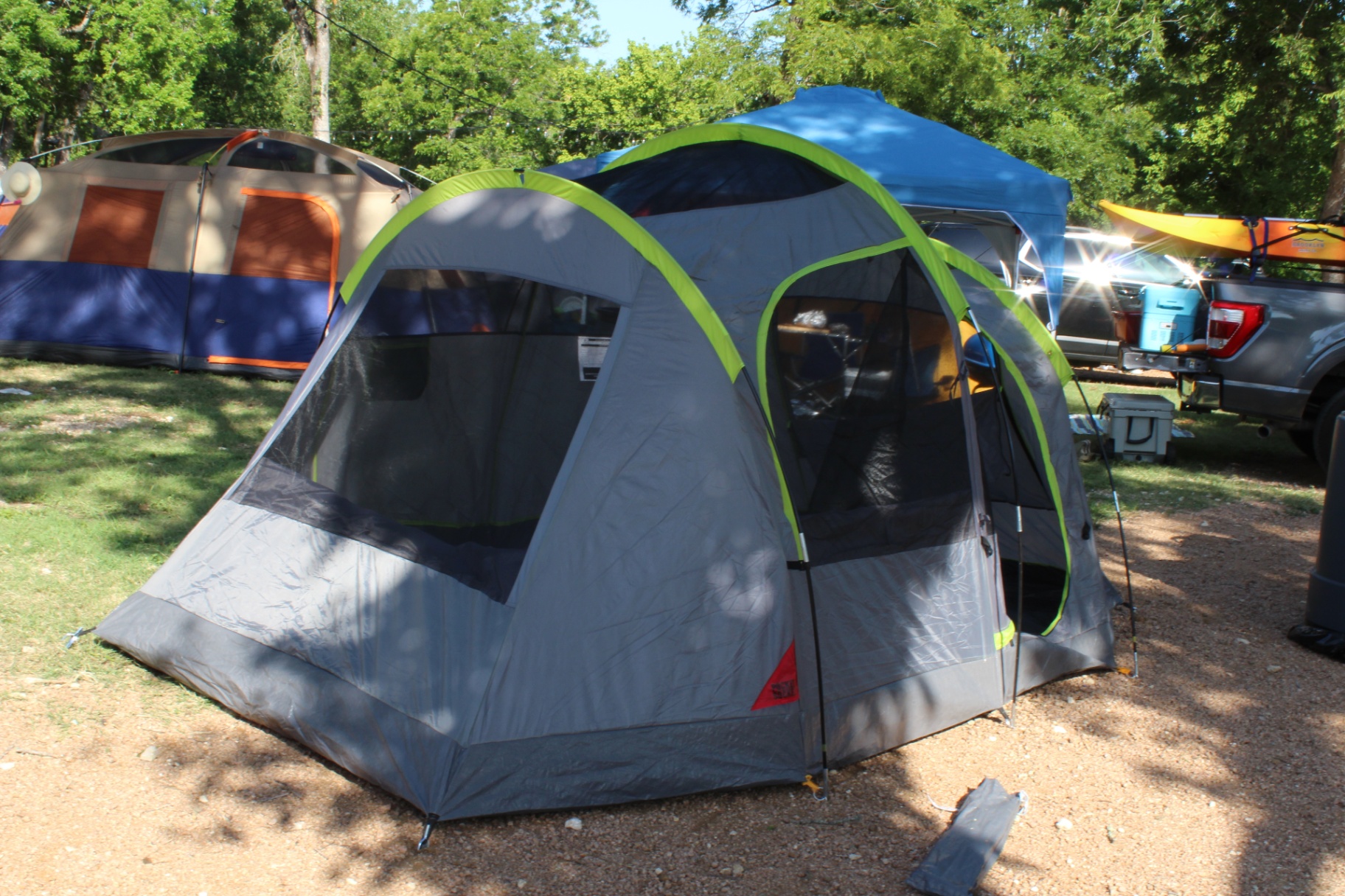 Gray and green tent setup
