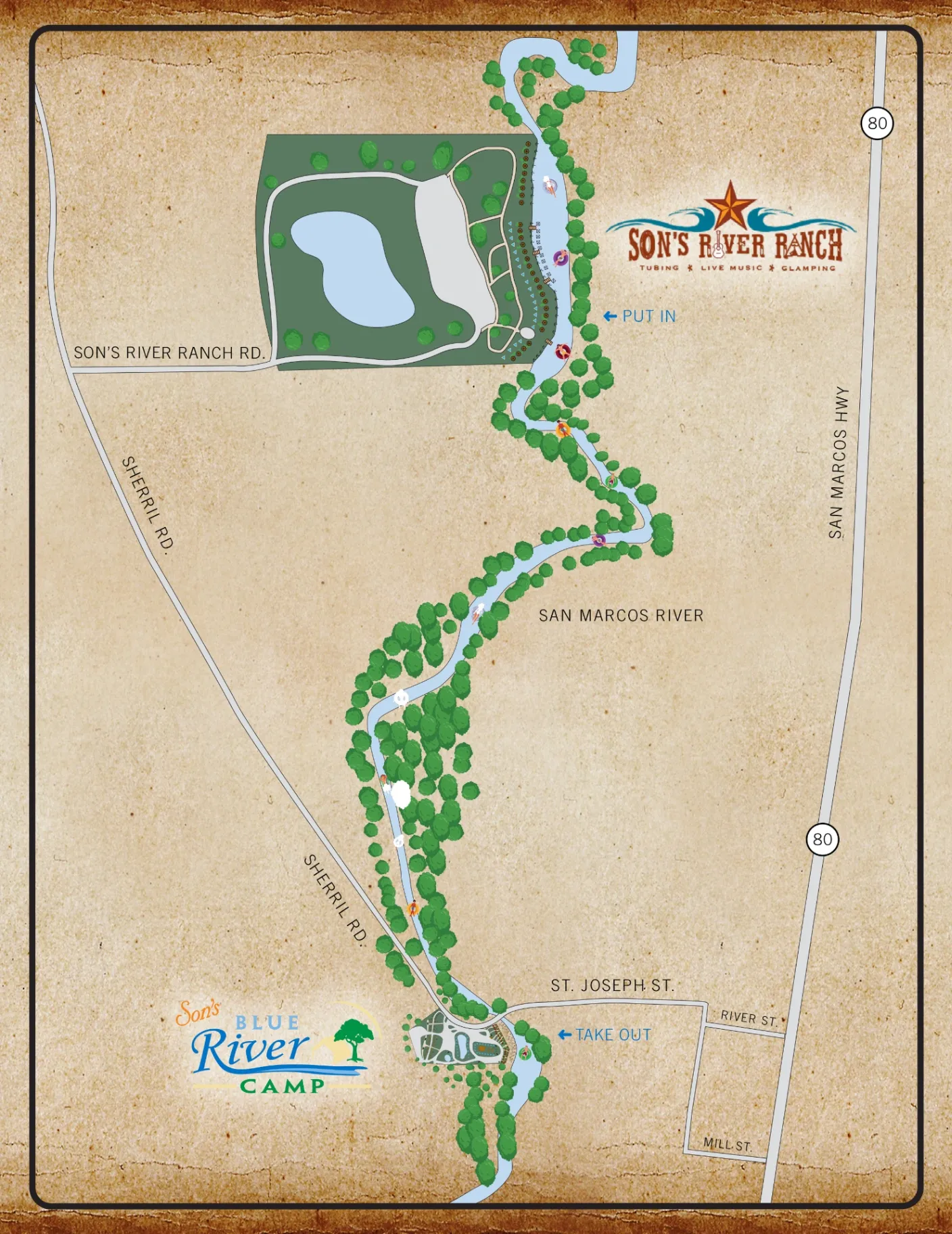 Son's Blue River Camp Tubing Route showing the 1.5 mile float from Son's Blue River Camp to Son's River Ranch